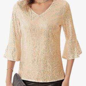 Grace Karin Medium Rose Gold Sequin 3/4 Bell Sleeve Blouse